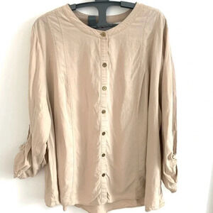 Beige Button Up Blouse Womens Linen Roll Tab Sleeve Minimalist Office 2X-3X